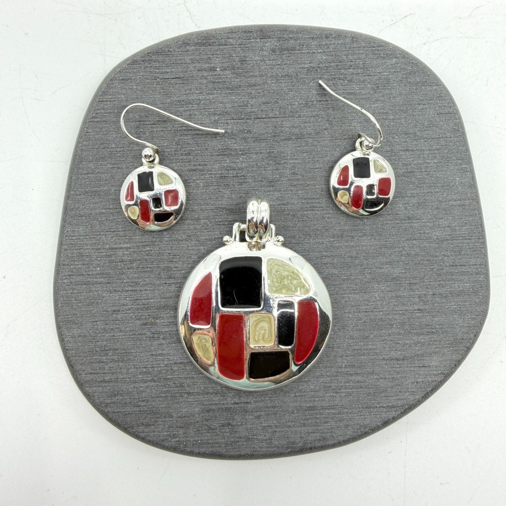 Geometric Enamel Pendant Necklace & Earring Set Silver Tone Art Deco Style Gift
